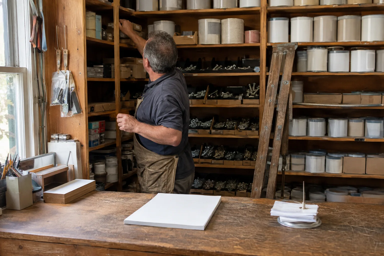 The sales counter of a small independent hardware store in the morning, the owner in a work apron reaching up to a shelf behind rows of parts bins and paint tins